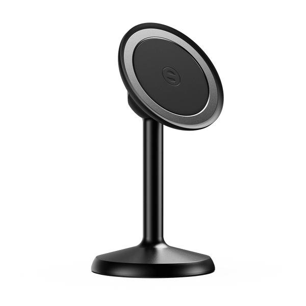 Black magnetic stand with a circular top and a sturdy base for holding devices.
