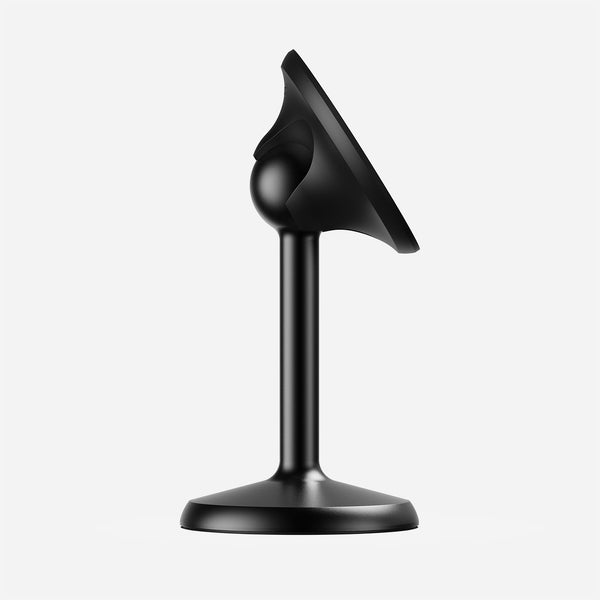 Black stand with a rounded base and an adjustable top for holding devices.