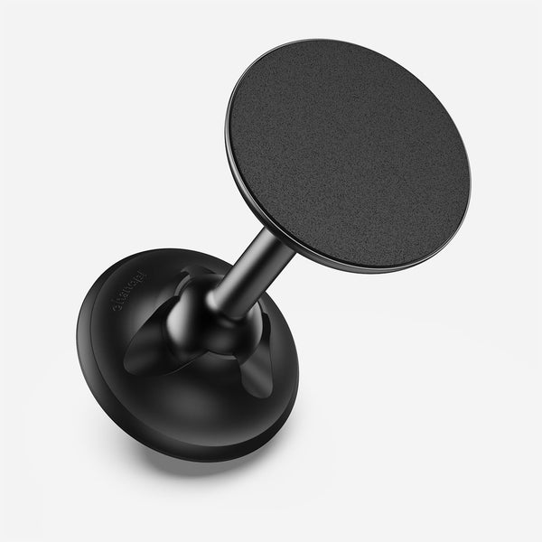 Black magnetic stand with a circular top and a sturdy base for mounting devices.
