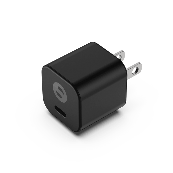 Black 20W wall adapter with a USB-C port and two prongs for plugging into an electrical outlet.