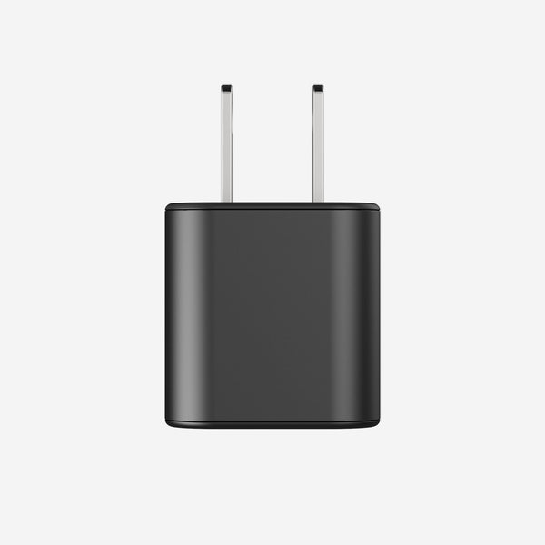 Black 20W wall adapter with two prongs for electrical outlet connection.