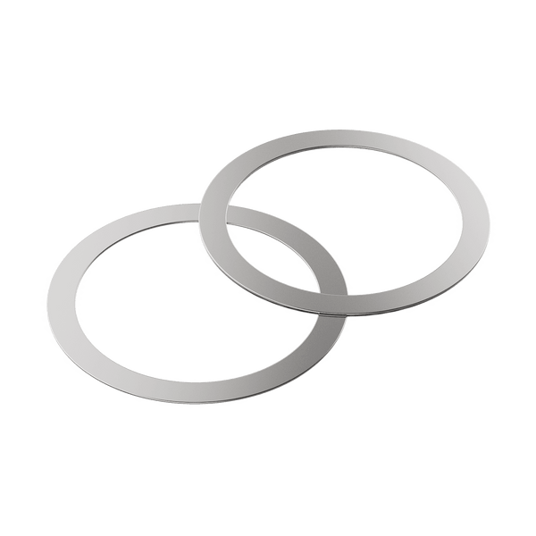 Two circular metal rings with a smooth surface, overlapping slightly.